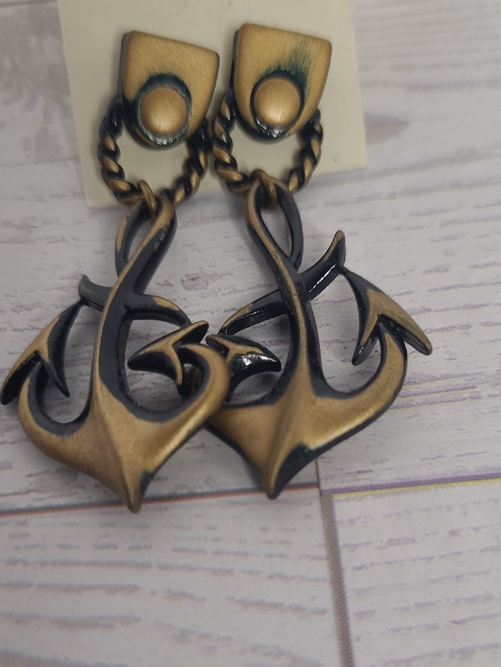 Antique Gold Tone Anchor Drop Earrings Nautical Jewelry